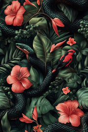 Dark Black Jungle Floral and Bird Wallpaper design