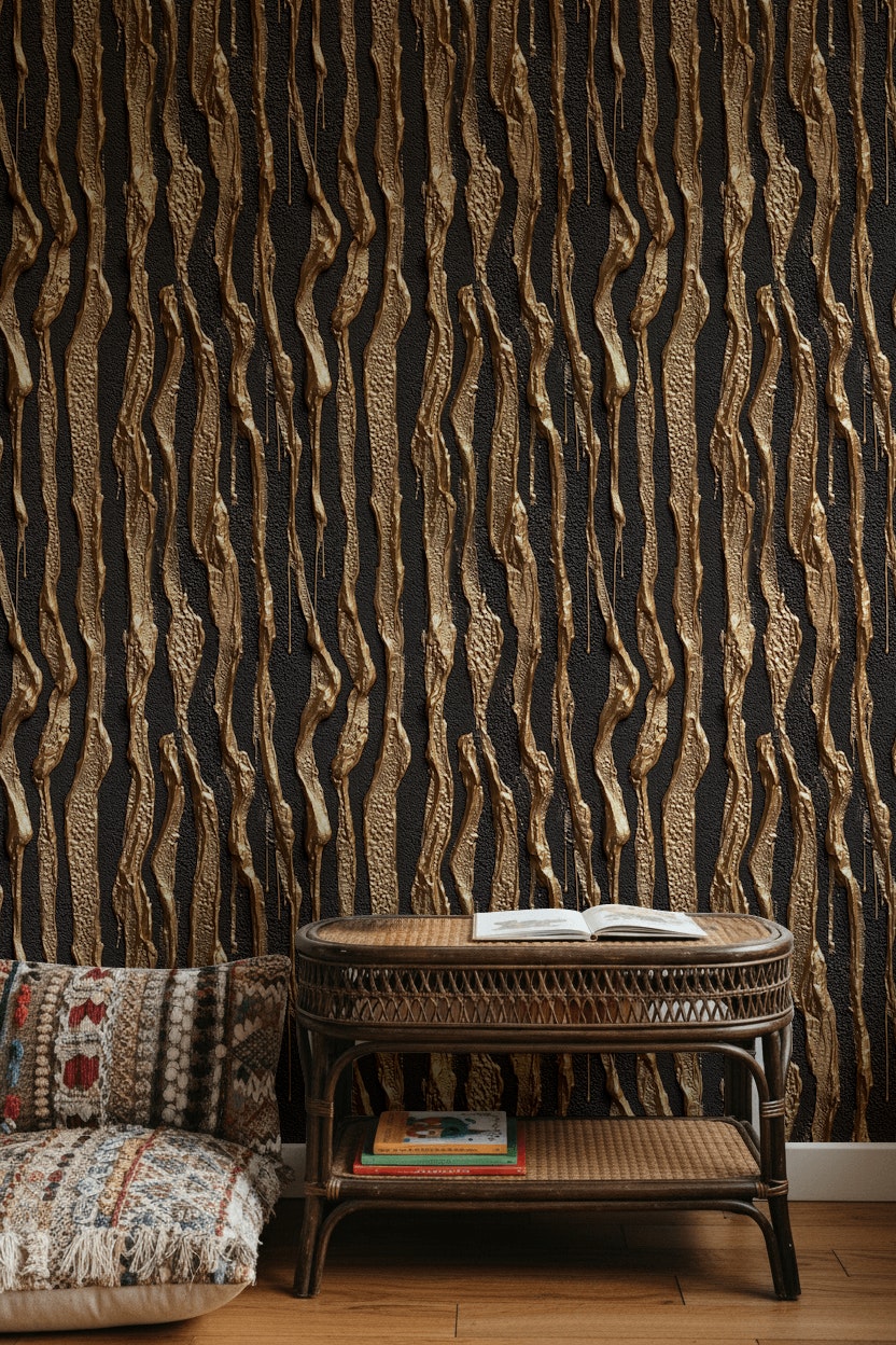 Gold Look Textured Abstract Strip Wallpaper