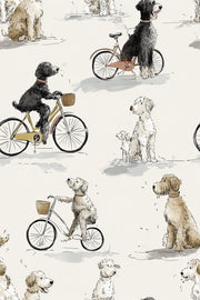 Whimsical Dogs Wallpaper Bicycles Beige Wall Mural design