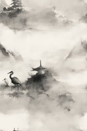 Misty Landscape Wallpaper Ink Wash Pagoda Pavilion Decorative Mural design