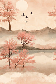 Cherry Blossoms Wallpaper Birds Removable Mountains Wall Mural design