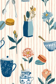 Tea Time Wallpaper Kitchenware Blue And White Ceramics Decorative Mural design