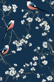 Floral Wallpaper Birds Removable Navy Wall Mural design