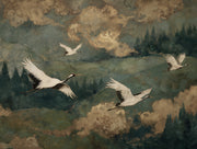 Cranes Landscape Wallpaper Green Vintage Wall Mural design