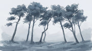 Misty Landscape Wallpaper Windswept Trees Monochrome Blue Gray Removable Wall Decor design