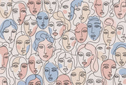 Abstract Faces Wallpaper Line Art Continuous Line Drawing Wall Mural design