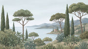 Mediterranean Landscape Wallpaper Coastal Bay Cypress Trees Wall Mural design