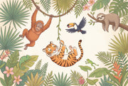 Tropical Jungle Wallpaper Green Foliage Cartoon Animals Removable Wall Decor design
