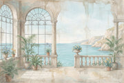 Coastal Terrace Wallpaper Mediterranean Villa Arched Columns Wall Mural design