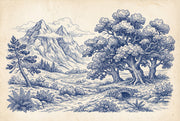 Blue Toile Landscape Wallpaper Mountains Vintage Engraving Wall Mural design