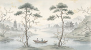 Misty Landscape Wallpaper Asian Pagoda Temple Pavilion Removable Wall Decor design