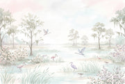 Pastel Marsh Wallpaper Watercolor Landscape Wading Birds Wall Mural design