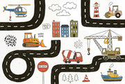 White Background Wallpaper Construction Vehicles Kids Road Map Removable Wall Decor design