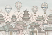 Asian Pagoda Rooftops Wallpaper Hot Air Balloons Chinoiserie Wall Mural design