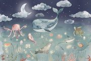 Night Ocean Wallpaper Watercolor Whale Wall Mural design