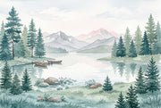 Watercolor Landscape Wallpaper Mountain Lake Pine Trees Wall Mural design