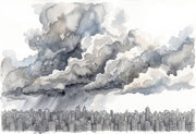 City Skyline Wallpaper Watercolor Storm Clouds Wall Mural design