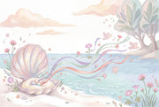 Pastel Seaside Wallpaper Open Seashell Whimsical Illustration Removable Wall Decor design