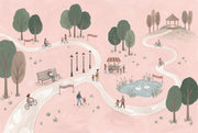 Pastel Park Landscape Wallpaper Pink Background Winding Path Wall Mural design