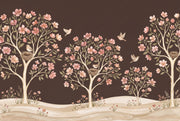 Storybook Mural Wallpaper Dark Brown Background Whimsical Garden Removable Wall Decor design