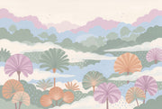 Pastel Landscape Wallpaper Stylized Trees Removable Layered Hills Wall Decor design