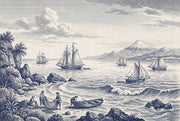 Coastal Landscape Wallpaper Toile Vintage Engraving Wall Mural design