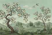 Green Landscape Mural Wallpaper Floral Blossoming Trees Birds In Flight Removable Wall Decor design