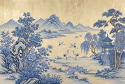 Blue And White Wallpaper East Asian Landscape Pagoda Pavilion Removable Wall Decor design