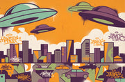 UFOs Wallpaper Urban Skyline Removable Graffiti Street Art Wall Decor design