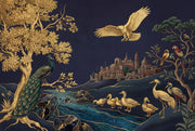 Ornate Landscape Mural Wallpaper Dark Navy Background Gold Foil Removable Wall Decor design