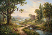 Pastoral Countryside Wallpaper Classical Temple Stone Bridge Wall Mural design