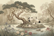 Misty Landscape Wallpaper Cranes Pond Removable Wall Decor design