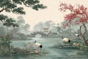 Misty Landscape Wallpaper Japanese Garden Cranes Wall Mural design