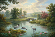 Tranquil Landscape Wallpaper Cranes Removable Stone Bridge Wall Decor design