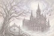 Gothic Cathedral Wallpaper Misty Fog Twisted Bare Tree Wall Mural design
