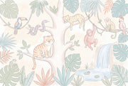 Tropical Jungle Wallpaper Pastel Animals Waterfall Pond Removable Wall Decor design