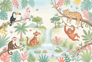 Tropical Jungle Wallpaper Waterfall Pond Pastel Watercolor Wall Mural design