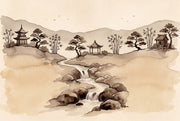 Watercolor Landscape Wallpaper Asian Ink Wash Pagoda Pavilion Removable Wall Decor design
