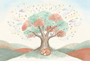 Watercolor Landscape Wallpaper Whimsical Tree Sleeping Fox Wall Mural design