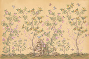 Chinoiserie Inspired Wallpaper Pastel Pink Blossoms Beige Parchment Background Wall Mural design