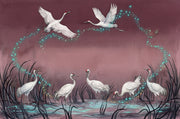 Cranes Wallpaper Watercolor Dreamy Wall Mural design
