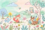 Woodland Animals Wallpaper Pastel Watercolor Wall Mural design