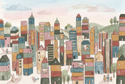 Whimsical Cityscape Wallpaper Hand Drawn Buildings Storybook Illustration Wall Mural design