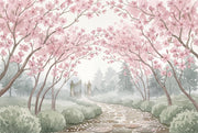 Cherry Blossoms Wallpaper Watercolor Garden Path Removable Wall Decor design