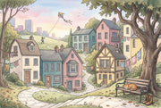 Pastel Village Wallpaper Landscape Illustration Cozy Neighborhood Removable Wall Decor design