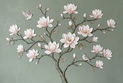 Magnolia Blossoms Wallpaper Botanical Branch Sage Green Background Removable Wall Decor design