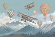 Vintage Biplane Wallpaper Pastel Sky Mountain Landscape Wall Mural design