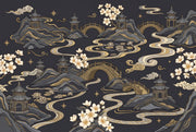 East Asian Landscape Wallpaper Pagodas Removable Gold Accents Wall Decor design
