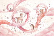 Woodland Animals Wallpaper Watercolor Pink Clouds Wall Mural design
