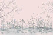 Pond Landscape Wallpaper Water Lilies Pastel Pink Background Wall Mural design